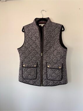 Catherine Malandrino Black and White Herringbone Quilted Vest with Gold Accents
